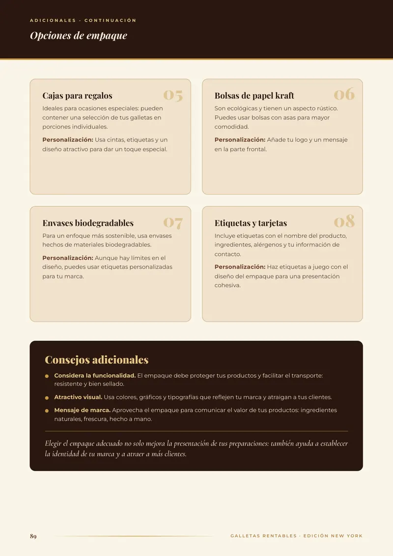 Página con opciones de empaque